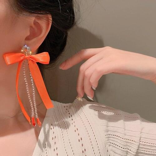 2021 New Korean Orange Big Bowknot Tassel Personality Trendy Dangle Earrings For Women Fashion Jewelry Gift Oorbellen Pendientes