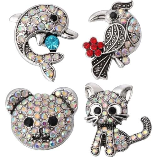 5pcs/lot New 18MM Animal Snap Jewelry Crystal Fashion Lovely Dolphin Woodpecker Bear Cat Snap Buttons Fit DIY Snap Bracelet