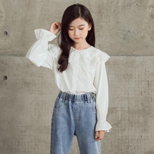10 12 years Girls White Lace Collar Shirts Spring Fall Sweet Korean Girls Tops 100% Cotton