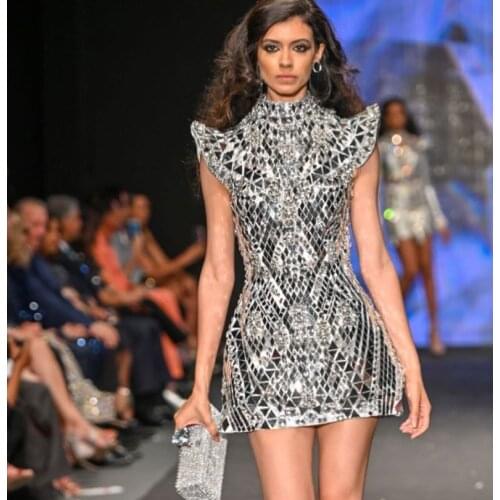 Shining Silver Mirrors Crystals Dress Evening Birthday Party Celebrity Rhinestones Dress Wedding Sexy Dance Sequins Costume