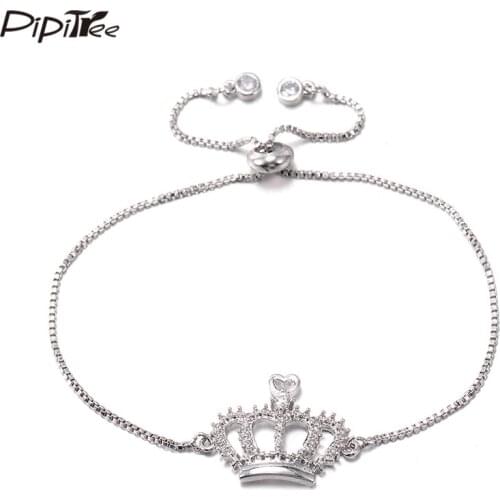 Pipitree Shiny CZ Zircon Crown Bracelet for Women Lady Copper White Gold Color Chian Adjustable Bracelets Wedding Jewelry Gift