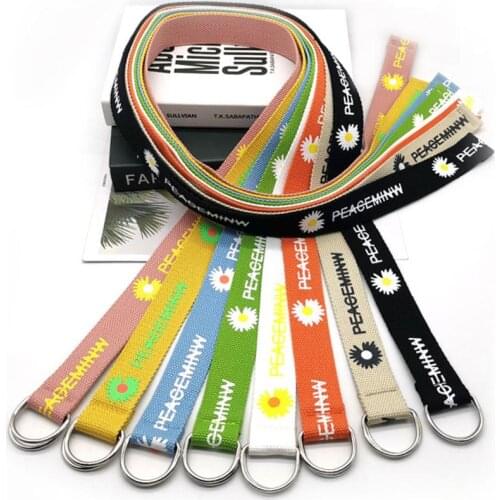 Long Punk Canvas Belt Men Women Jeans Daisy Decorative Double D Ring Metal Buckle Belt Fashion Street Style Wild Waistband