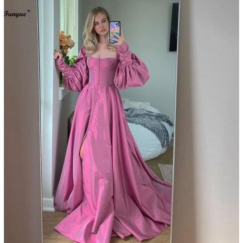 Funyue Elegant Pink Evening Dress Long Sleeves High Slit Taffeta Sexy Prom Dresses Sweetheart A-line Formal Gowns with Buttons