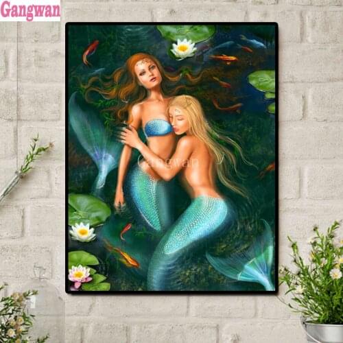 Full square diamond painting two Mermaids lotus fish pictures for embroidery round diamond mosaic paintings stickers decoration