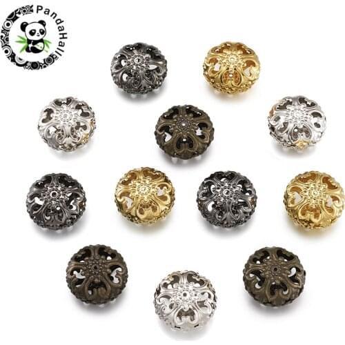 20pcs Mixed Color Flat Round Iron Filigree Hollow Beads, 23x12.5mm, Hole: 2mm
