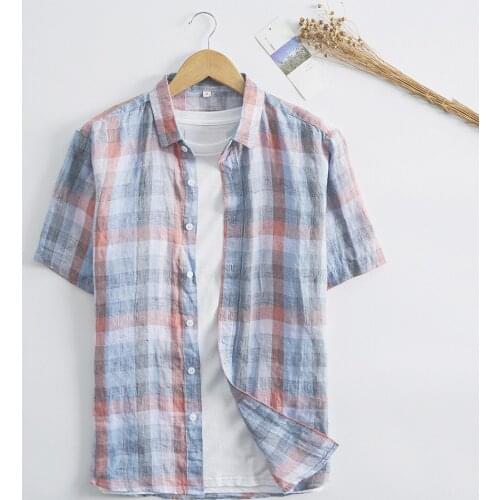 2021 Summer Mens Linen Shirt 100% Flax Plaid Casual Mens Short Sleeve T Shirt Mens Clothing 2020 Autumn Hot Sale Male Tops