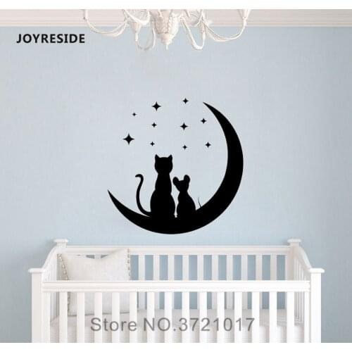 JOYRESIDE Animal Goodnight Wall Cat And Mouse Are Sitting On The Moon Decal Vinyl Sticker Design Decor Kids room Art Mural A428