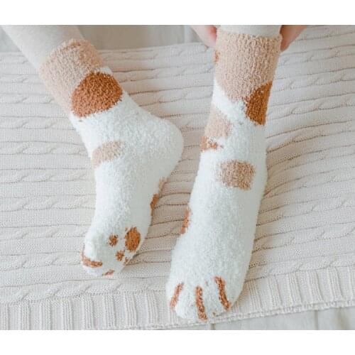 Cartoon coral velvet socks cat paw socks thickning adults socks for home wear average size cartoon long socks 5 pairs/lot