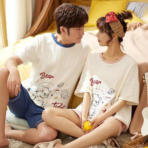 New Summer White Cotton T-shirts With Short Sleeve Couple Pajamas Set Leisure O-neck Homewear Cartoon Cute Pink Maiden Sleepwear