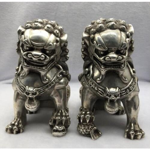 Collect China Fine Workmanship Cupronickel Auspicious Two Lions Sculpture Metal Crafts Decoration