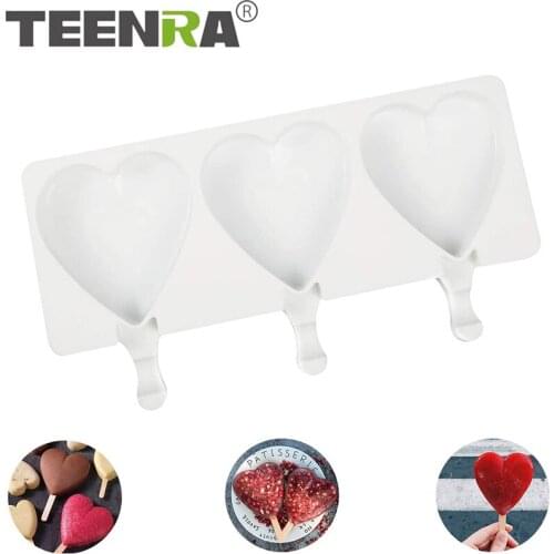 TEENRA 3 Cavities Silicone Ice Cream Mold Heart Shape Popsicle Mold DIY Homemade Ice Cube Tray Dessert Fruit Juice Ice Pop Maker