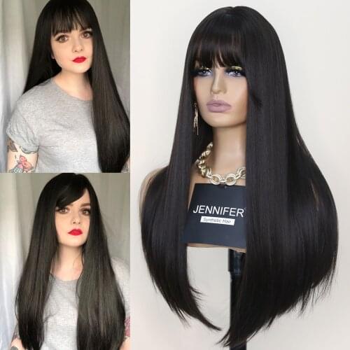 Synthetic Wigs For Women Long Straight Wig with bangs Hair Heat Resistant Fiber Brown Black/Brown 2 color Full Mechanism wigs