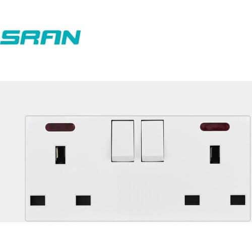 SRAN dual power socket UK,2gang 13a with switch new flame retardant PC panel 146mm*86mm with LED indicator wall socket uk