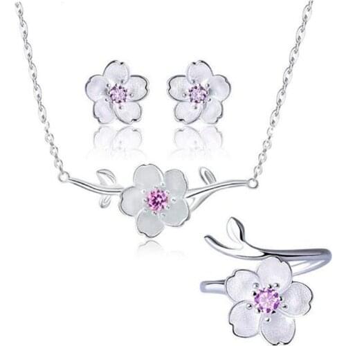 Rhinestone Sets Jewelry for Women 925 Sterling Silver Zirconia Cheery Flower Necklaces Ring Statement Jewelry Brincos