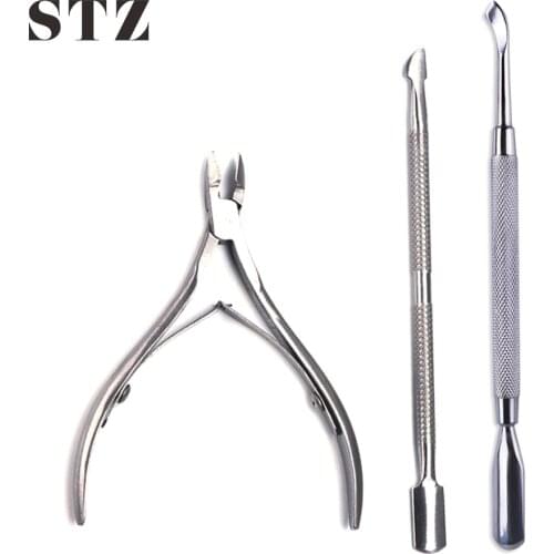STZ 3pc/set Stainless Steel Nail Art Tools Cuticle Pusher Exfoliating Scissors Dead Skin Nipper Spoon Remover Manicure NJ221-07