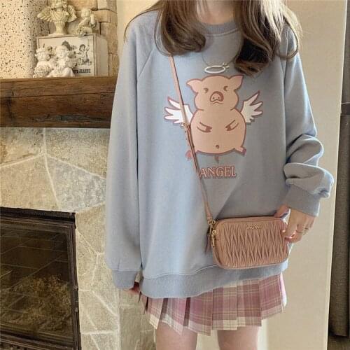 Cute Girl Harajuku Hoodie Loose Pink Pig Printed Hoodies High Street Ladies Casual Long Sleeve Sweatshirt Female Spring Hoodies