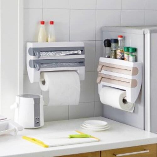 Wall-Mount Paper Towel Holder Sauce Bottle Storage Rack 4 In 1 Plastic Film Cutter Mutifunction Kitchen Organizer