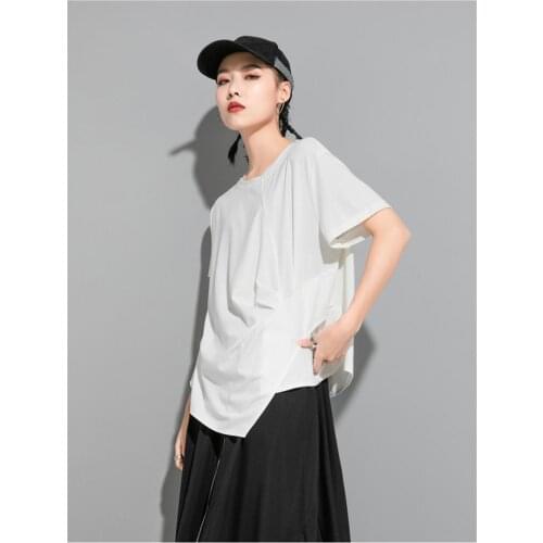 Ladies summer new designer solid color T-shirt Street personality irregular short sleeve pleated large T-shirt