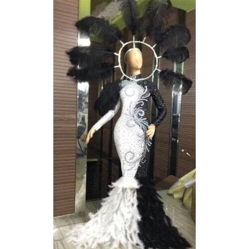 Sparkling Rhinestones Women Mermaid Tailing Dress White Black Stitching Feather Evening Party Birthday Celebrate Long Dresses