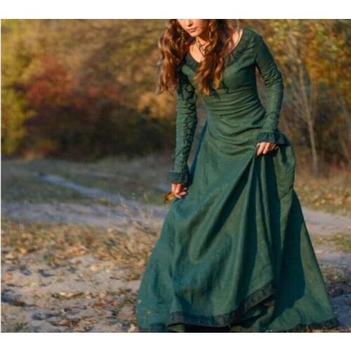 Women Classic Vintage Medieval Central European Style Party Maxi Dress Long-sleeve Round Neck Slim Fit Retro Dress