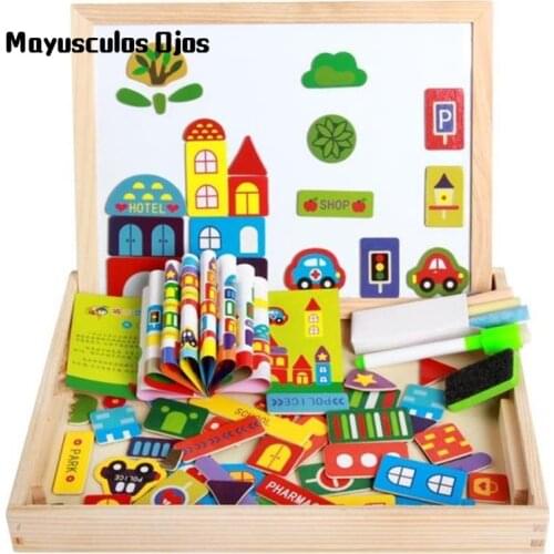1Set Magnetic Jigsaw Puzzle Wooden Box Insect Forest Animals Happy Farm City Traffic Spell Music Magnetic Patch Toys