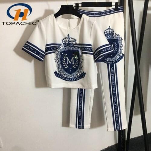 7.30. High End Heavy Industry Beading Diamonds Letter Print O-Neck Short Sleeve Blouse + Casual Straight Pants Set Women