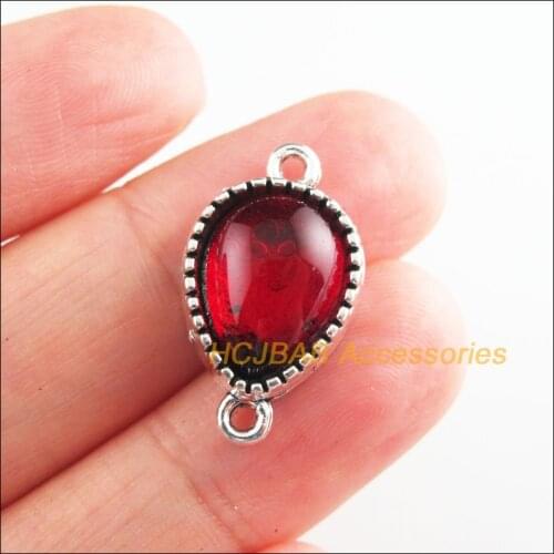 8Pcs Tibetan Silver Tone Flower Teardrop Red Glaze Charms Connectors 13x23mm