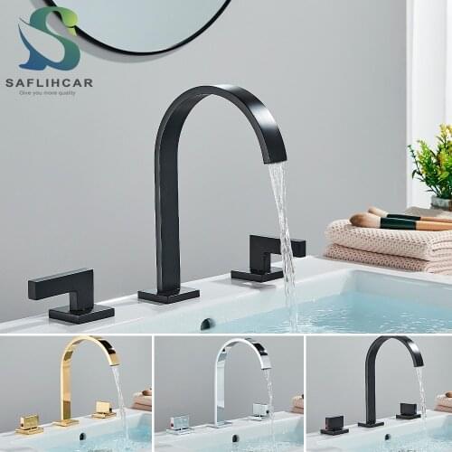 Black Bathroom Basin Faucet Hot and Cold Water Mixer Faucets 3 Holes Dual Handle Mixers Tap Deck Mount Wash Tub Chrome Crane
