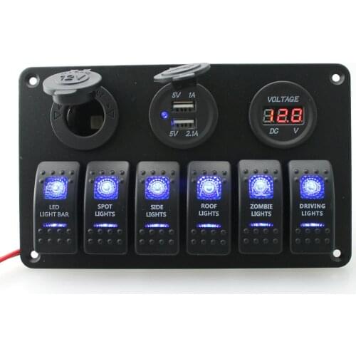 DC 12 V/24 V Car Marine Boat 6-Gang Waterproof Circuit Blue LED Rocker Switch Panel Breaker USB Charger Switches Relays