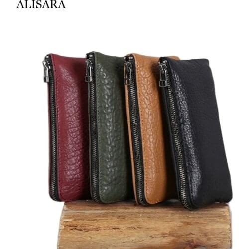 Alisara Long Wallet Men First Layer Leather Top End Sheepskin Women Clutch Bag Casual Zipper Organizer Purse Big Capacity Pouch