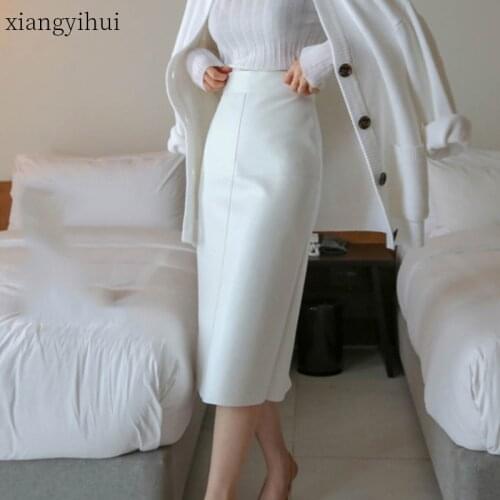 Elegant Temperament White Leather Skirt Sexy High Waist Split Midi Knee-length Pencil Skirts Women Office Ladies Work Pu Skirt