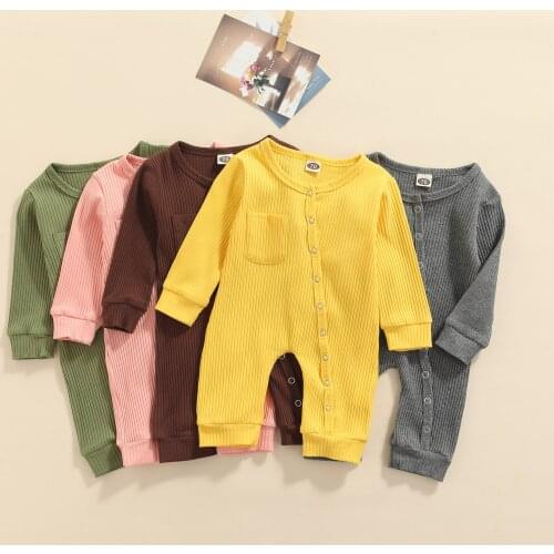 FOCUSNORM 5 Colors Newborn Baby Boys Girls Rompers 0-24M Solid Knit Long Sleeve Single Breasted Pocket Jumpsuits