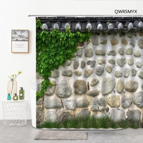Stone Wall Green Vineman Landscape Shower Curtains Hook Ancient Building Architecture Bath Curtain Home Toilet Decor Wall Cloth