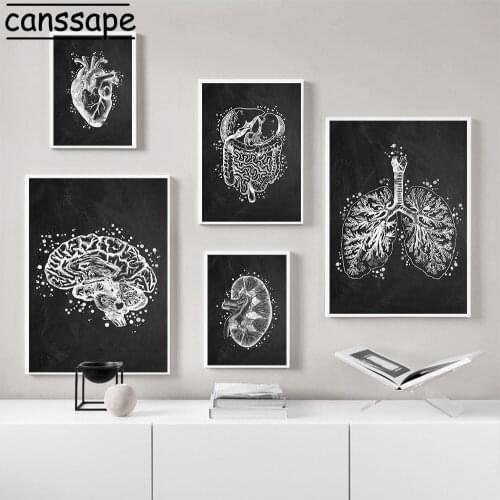 Black White Canvas Painting Human Body Anatomy Artwork Heart Organ Art Print Retro Poster Abstract Medical Decoration Picture