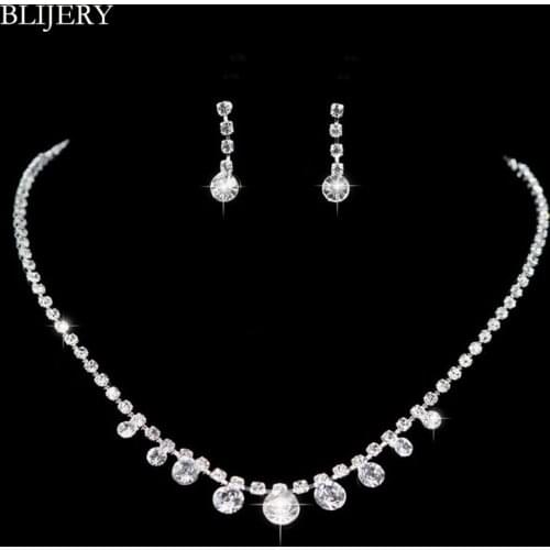 BLIJERY Simple Style Crystal Drop Necklace Earrings Jewelry Set Silver Color Rhinestone Wedding Bridesmaid Bridal Jewelry Sets