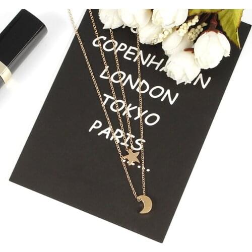 Fashion Women Layered Necklaces Pendants Vintage Moon Star Choker Necklace Jewelry Metal Moon Necklace romantic universe Galaxy