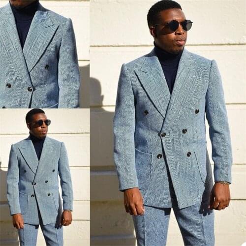 Newest Herringbone Men Suits Lapel Light Blue Vintage Tailored Fit Suits For Best Men Double Breasted Coat+Pant