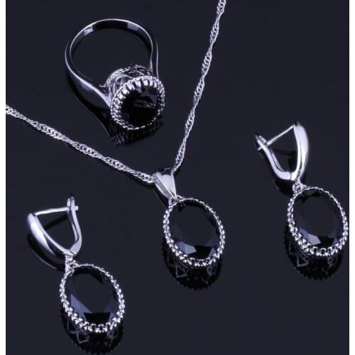 Heavenly Big Oval Black Cubic Zirconia Silver Plated Jewelry Sets Earrings Pendant Chain Ring V0264