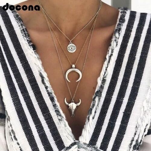 Docona Metal Punk Moon Eye Bull Head Multistorey Pendant Necklce for Women Exaggeration Party Hiphop Jewelry Gift C18107
