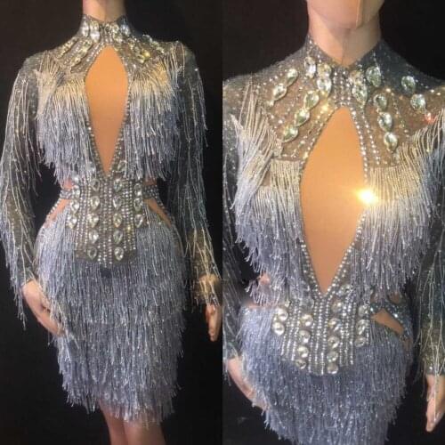 Sexy Rhinestones Fashion Crystals Mesh Dress See Through Stretch Stage Dance Wear Evening Celebrate Fringes Dr