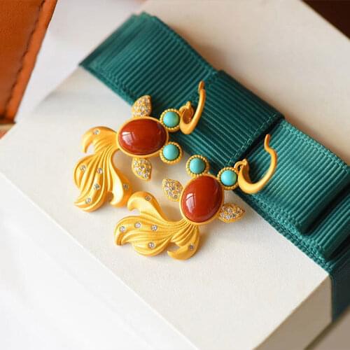 Good Luck Koi Earrings Vintage Goldfish Earrings S925 Sterling Silver Gilding Southern Red Agate Earrings Ethnic Style Ear Rings