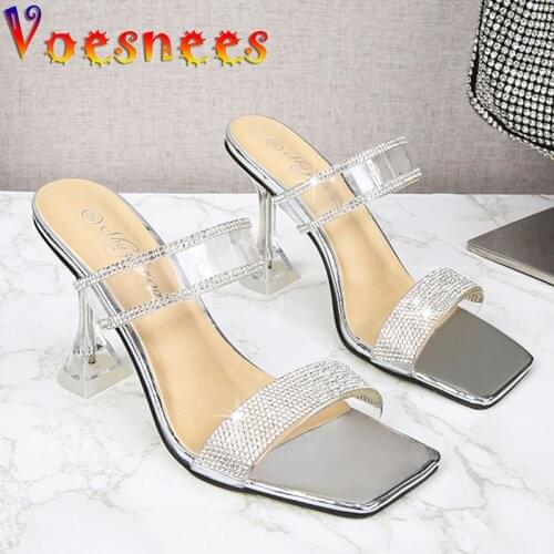 Voesnees New Bright Diamond Sandals 2021 Fashion Transparent PVC Slippers Women Square Toe Party Dress High-Heeled Shoes Summer
