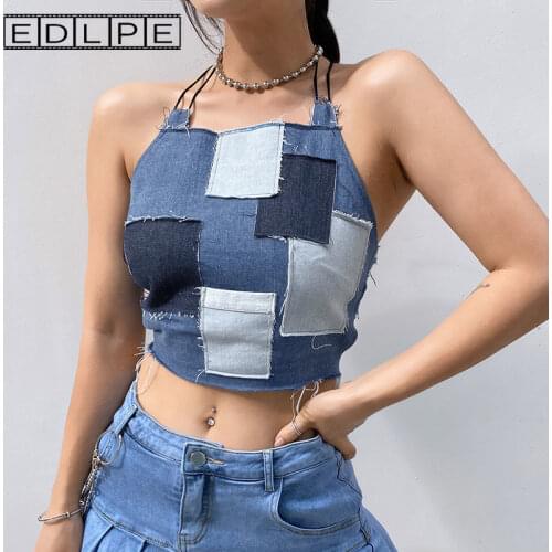 Y2k Unif Design with Leaky Back Strap Splicing Denim Suspender Crop Tops for Women All Neon Store Clothes