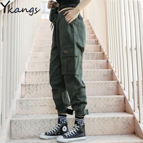 Plus Size Big Pockets Cargo Pants Women Velcro Elastic High Waist Streetwear Hip Hop Sweatpants green Baggy Harem Pants harajuku
