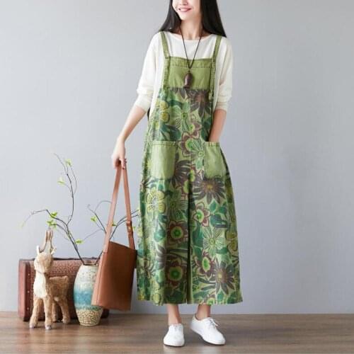 Ethnic Style Womens Fashion Floral Print Denim Wide-leg Jumpsuits Retro Washed Distressed Loose Casual Jeans