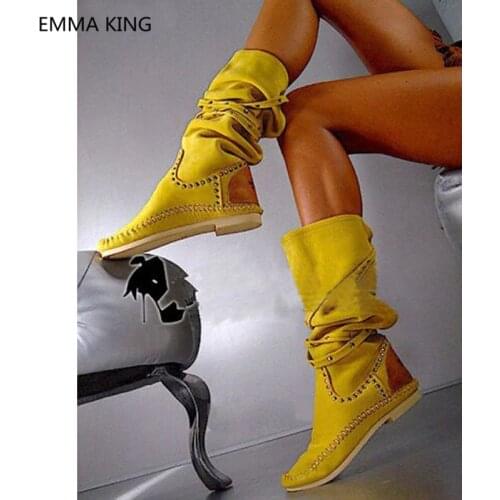 New Yellow Rivets Studded Mid Calf Winter Boots Women Suede Leather Round Toe Flat Heels Gladiator Shoes Punk Cowboy Boots Woman