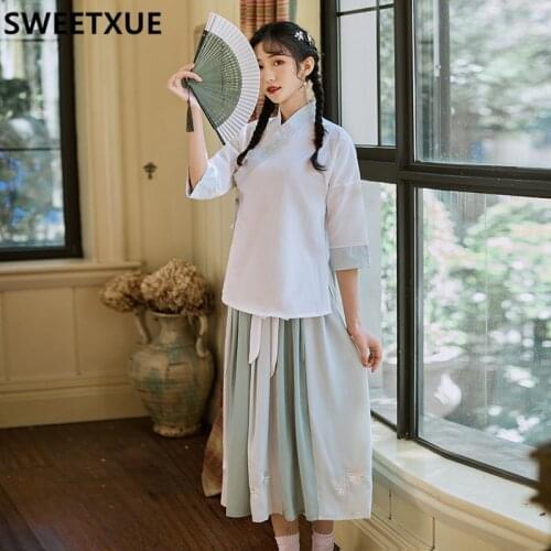SWEETXUE Womens Retro Summer Chiffon V-neck Shirt + Embroidered Skirt Two-Piece Suit Outfits Female Sets