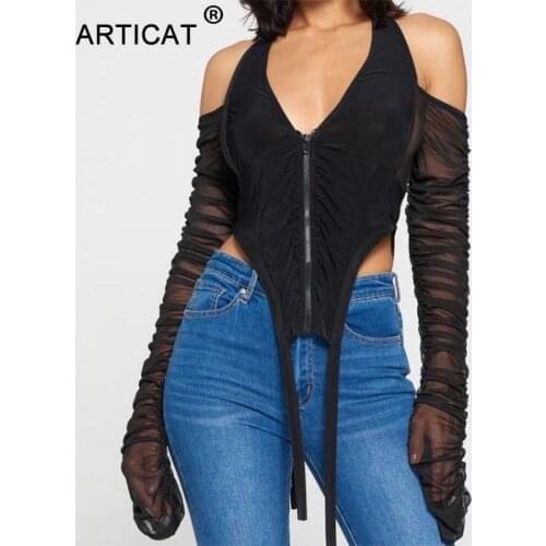 Articat Ruched Patchwork Women Crop Top Mesh Halter See Through Long Sleeve Off Shoulder Zipper Bodycon Sexy Club Streetwear Top