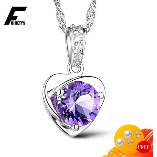 Fashion Necklace 925 Silver Jewelry with Amethyst Zircon Gemstone Heart Shape Pendant Accessories for Women Wedding Engagement