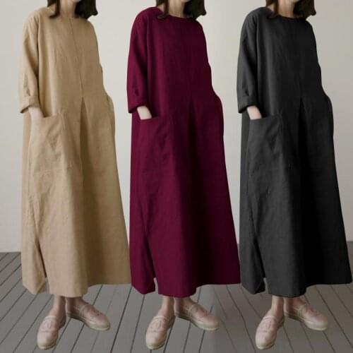 Muslim Women Maxi Dress Loose Solid Shirt Dresses Vintage Retro Cotton Linen Pockets Loose Vestidos Long Sleeve Robe Abaya 5XL
